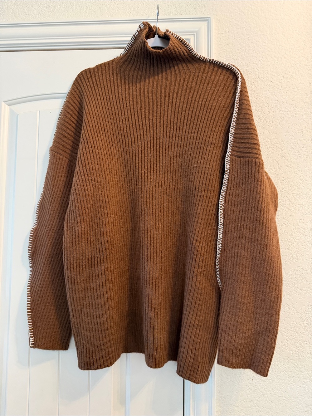 Listicle Brown Ribbed Turtleneck Sweater with Contrast Stitch